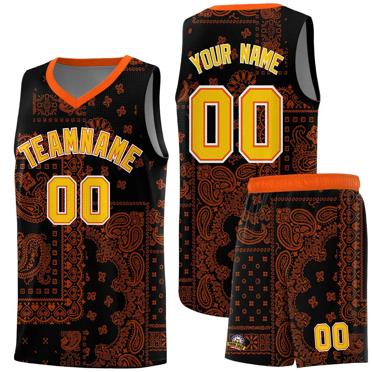 Custom Black Basketball Kits With Orange Cashew Flower Print Pattern