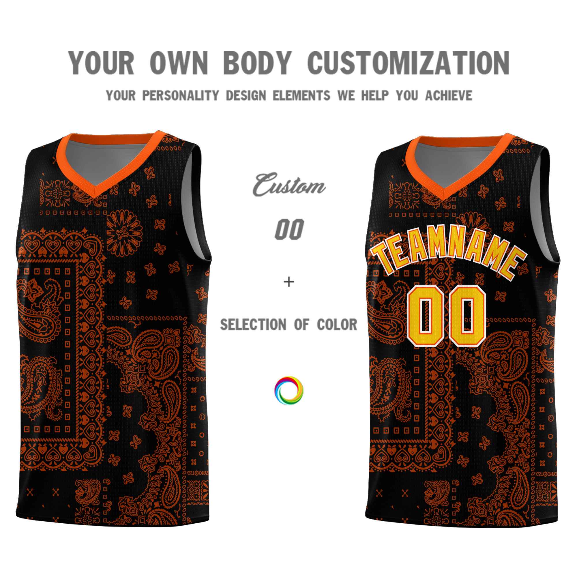 Custom Black Basketball Kits With Orange Cashew Flower Print Pattern