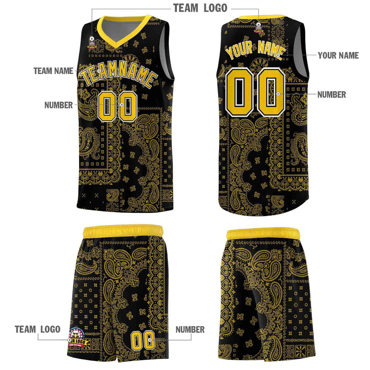 Custom Black Basketball Kits With Gold Cashew Flower Print Pattern