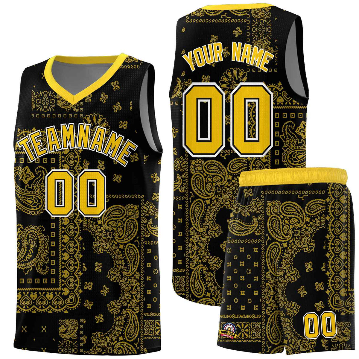 Custom Black Basketball Kits With Gold Cashew Flower Print Pattern