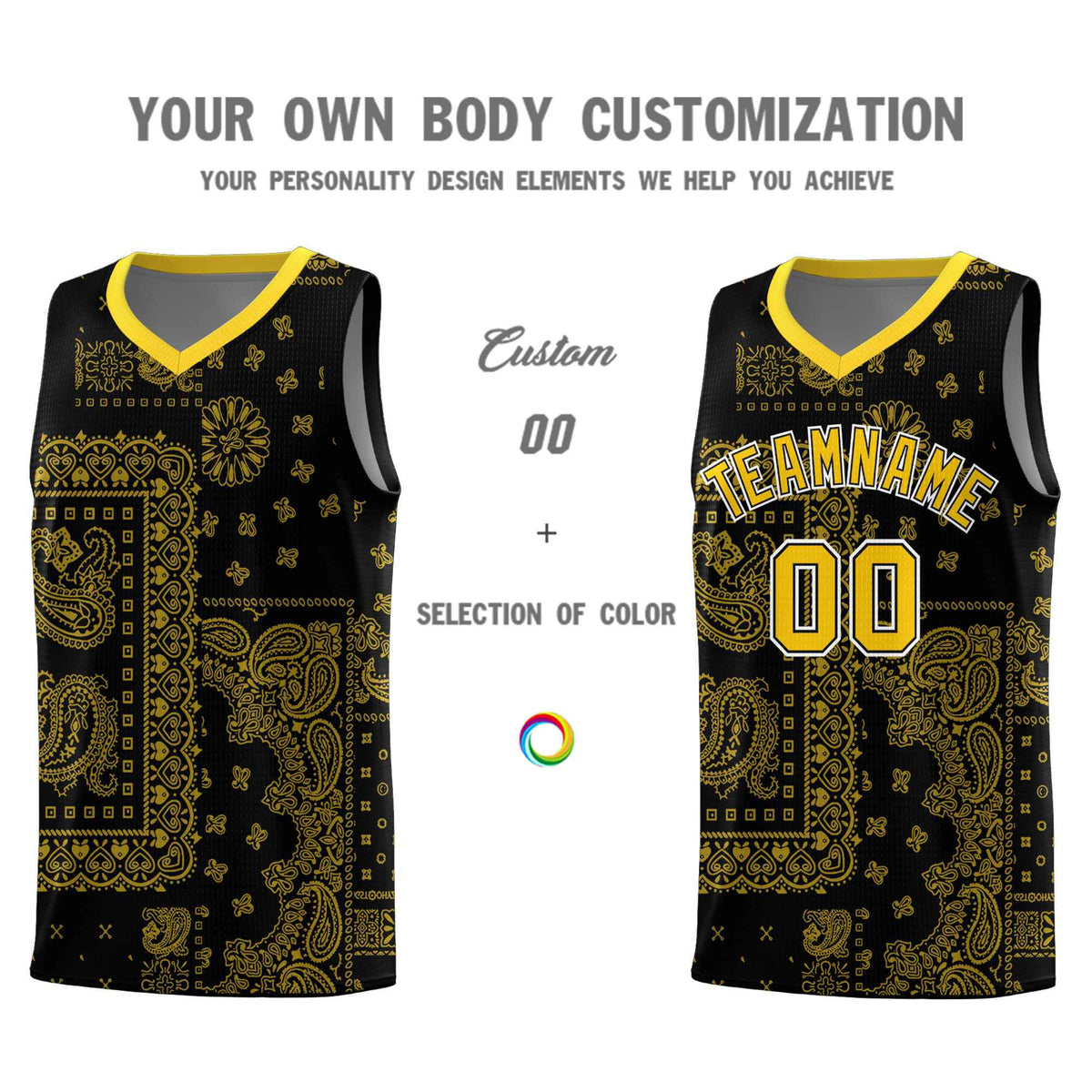 Custom Black Basketball Kits With Gold Cashew Flower Print Pattern