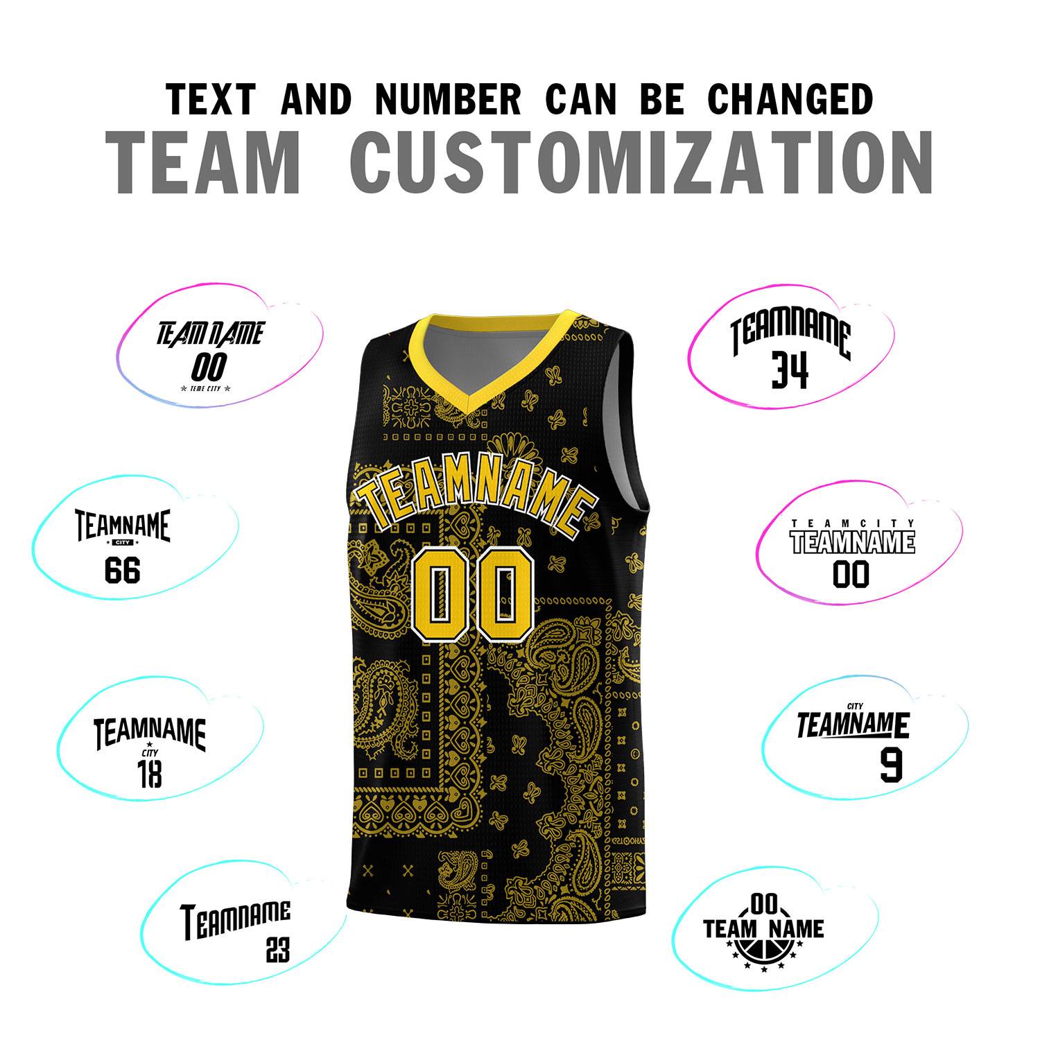 Custom Black Basketball Kits With Gold Cashew Flower Print Pattern