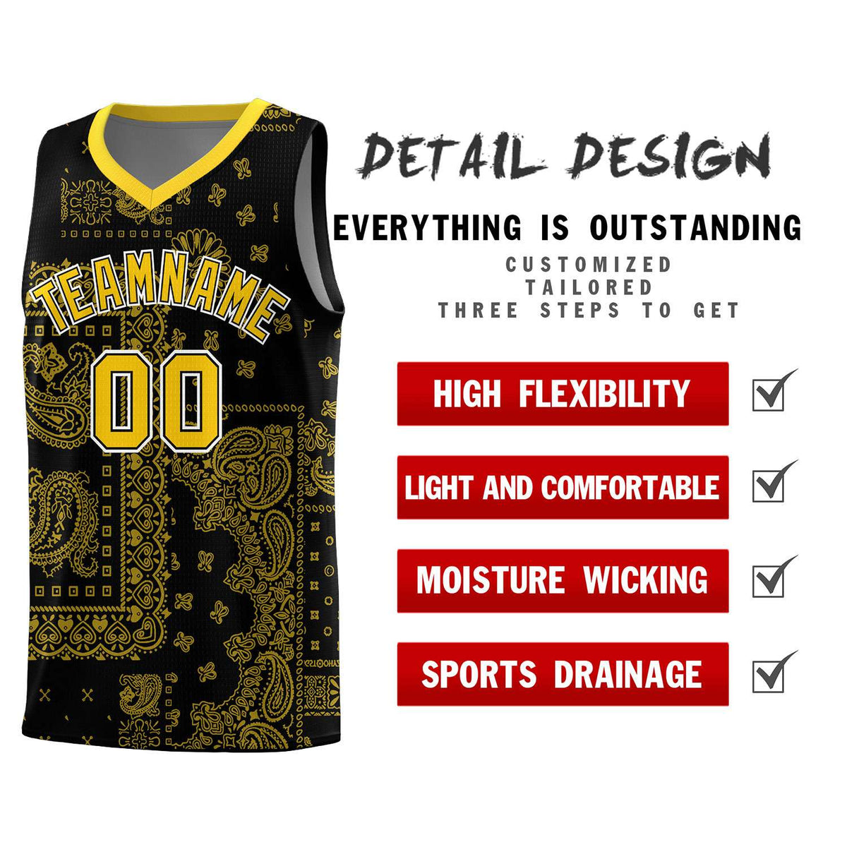 Custom Black Basketball Kits With Gold Cashew Flower Print Pattern