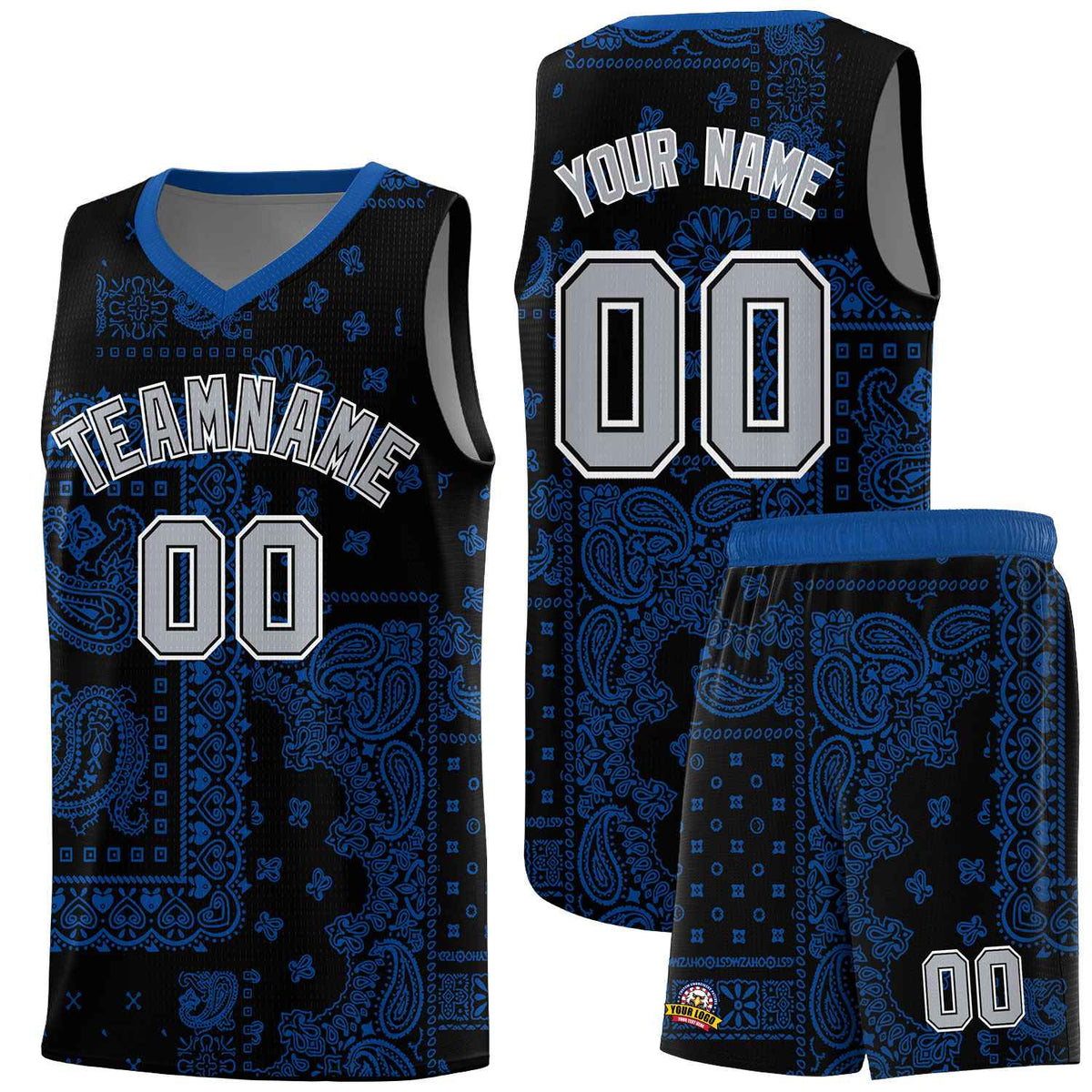 Custom Black Basketball Kits With Royal Cashew Flower Print Pattern