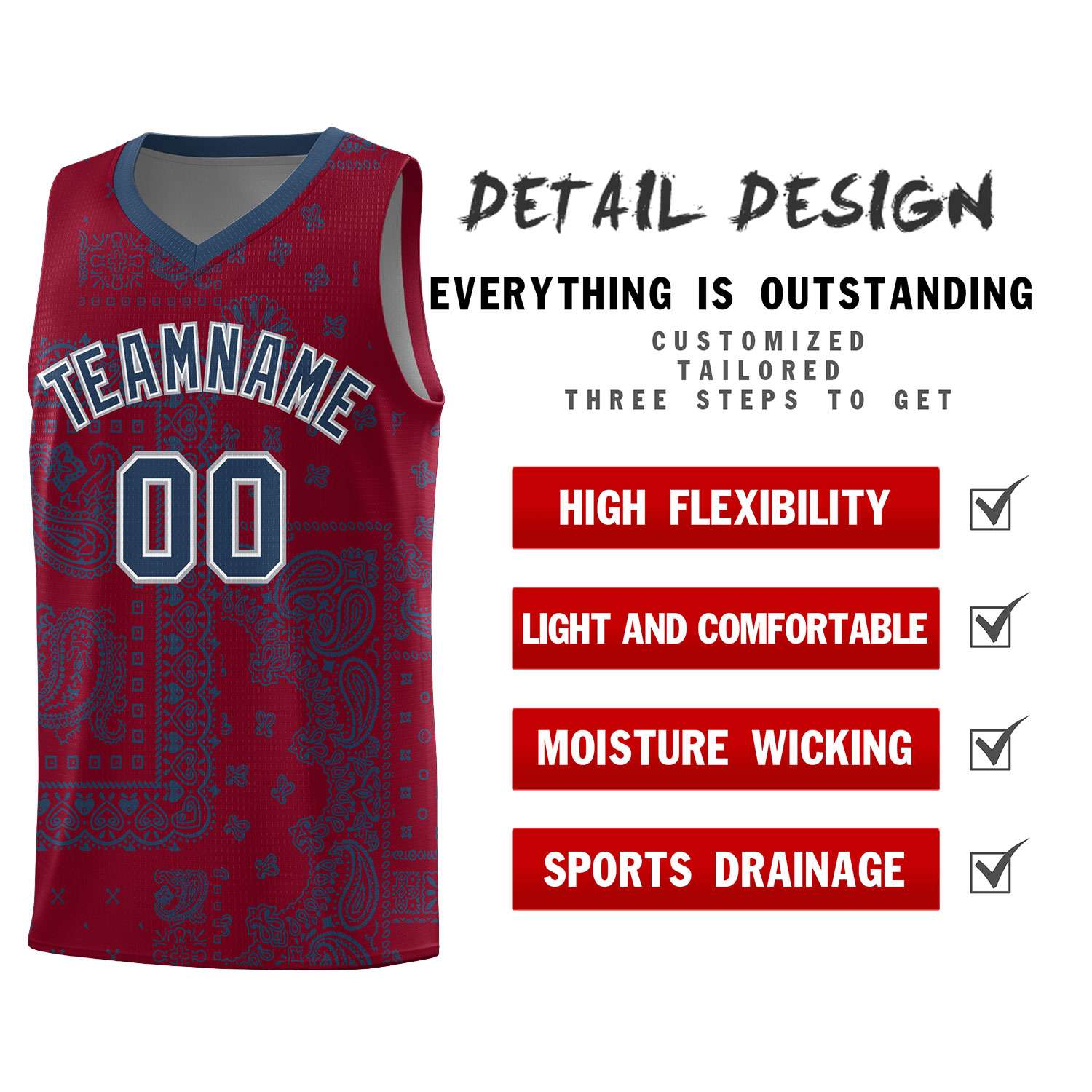 Custom Crimson Basketball Kits With Midnight Blue Cashew Flower Print Pattern