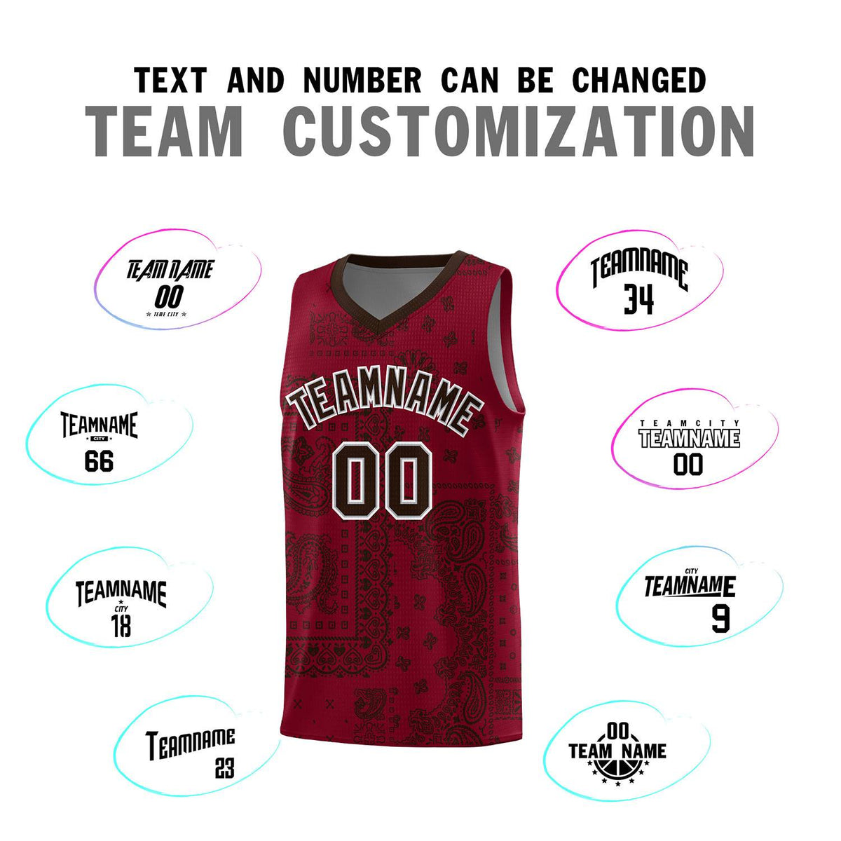 Custom Crimson Basketball Kits With Brown Cashew Flower Print Pattern