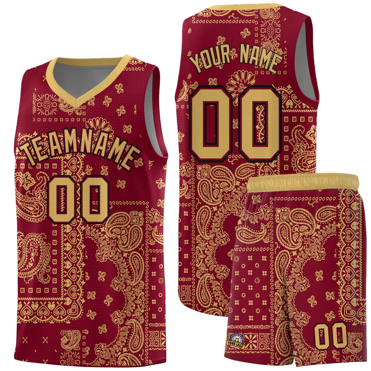 Custom Crimson Basketball Kits With Old Gold Cashew Flower Print Pattern