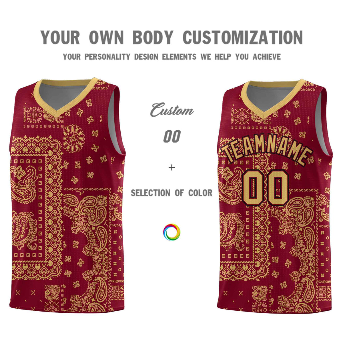 Custom Crimson Basketball Kits With Old Gold Cashew Flower Print Pattern