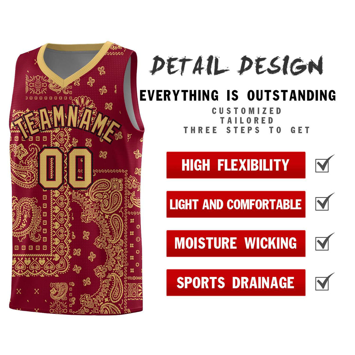 Custom Crimson Basketball Kits With Old Gold Cashew Flower Print Pattern