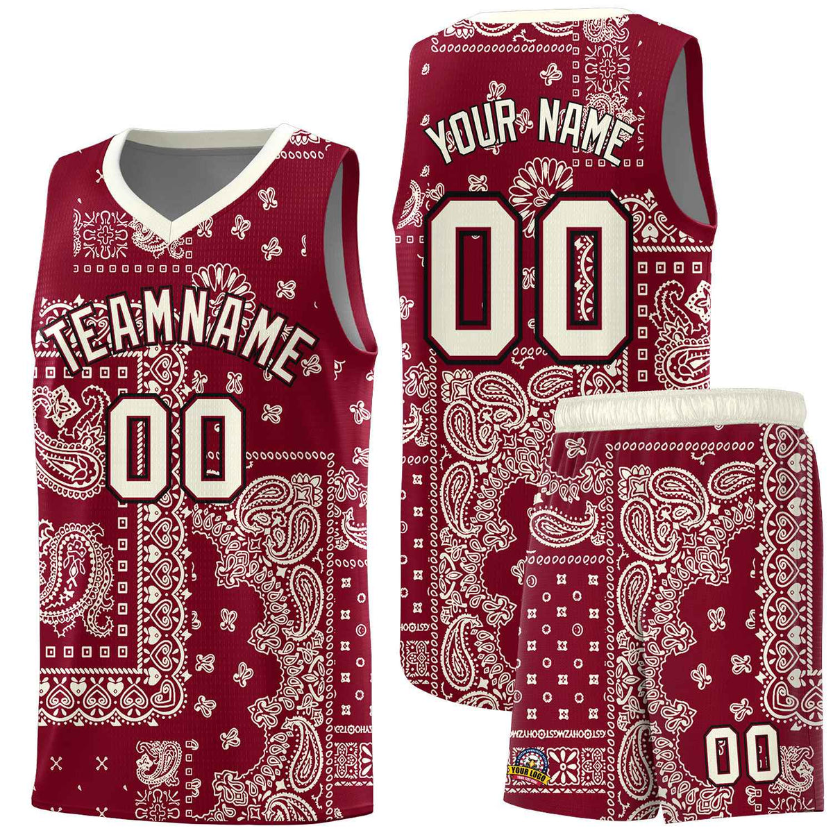 Custom Crimson Basketball Kits With Cream Cashew Flower Print Pattern