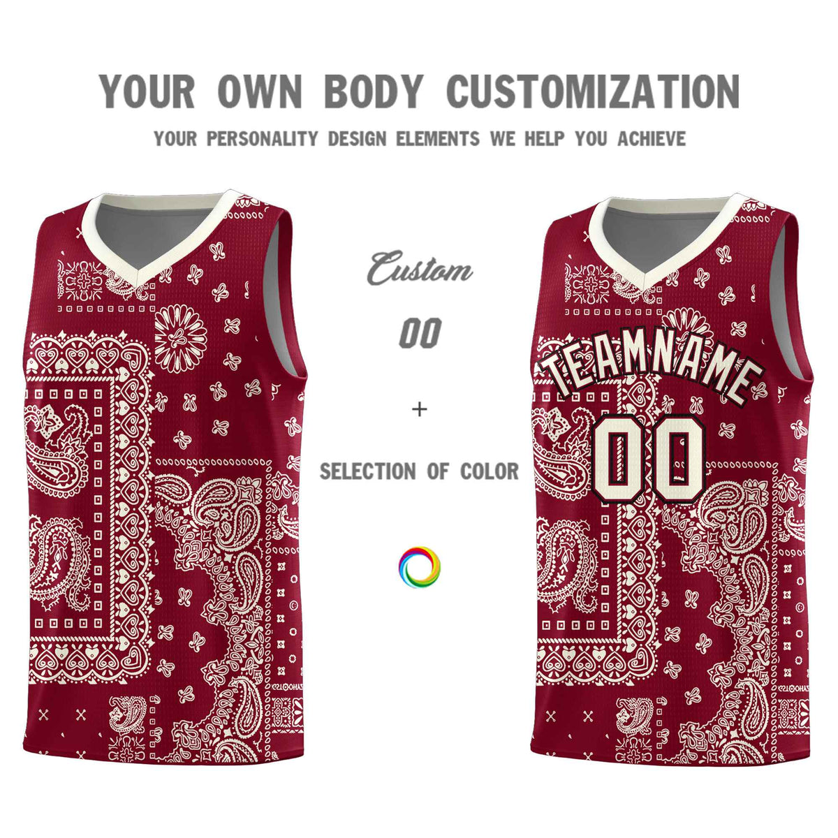 Custom Crimson Basketball Kits With Cream Cashew Flower Print Pattern