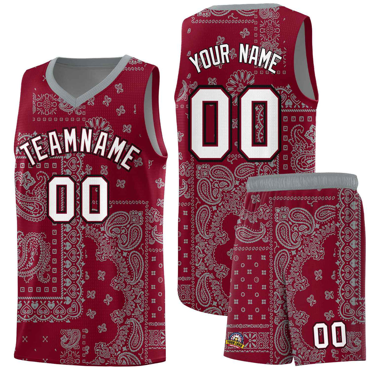 Custom Crimson Basketball Kits With Gray Cashew Flower Print Pattern