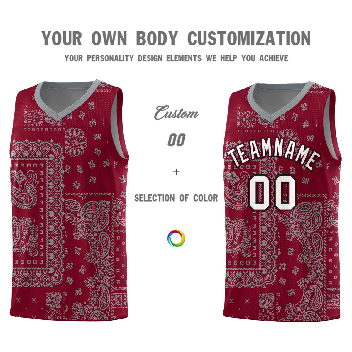 Custom Crimson Basketball Kits With Gray Cashew Flower Print Pattern