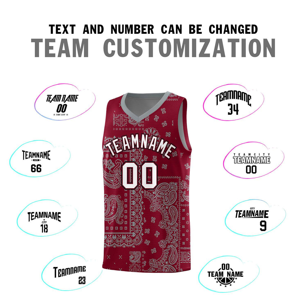 Custom Crimson Basketball Kits With Gray Cashew Flower Print Pattern