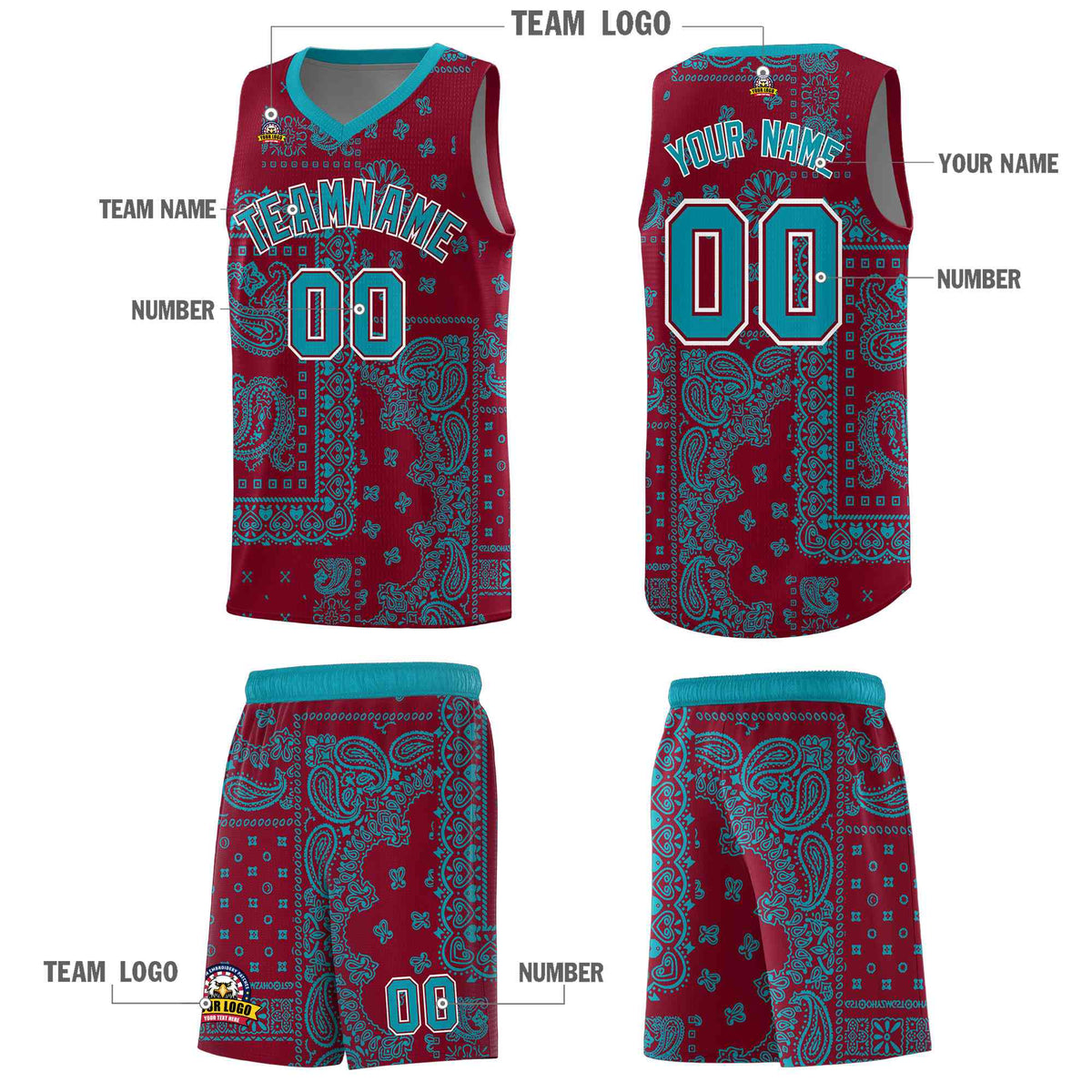 Custom Crimson Basketball Kits With Aqua Cashew Flower Print Pattern