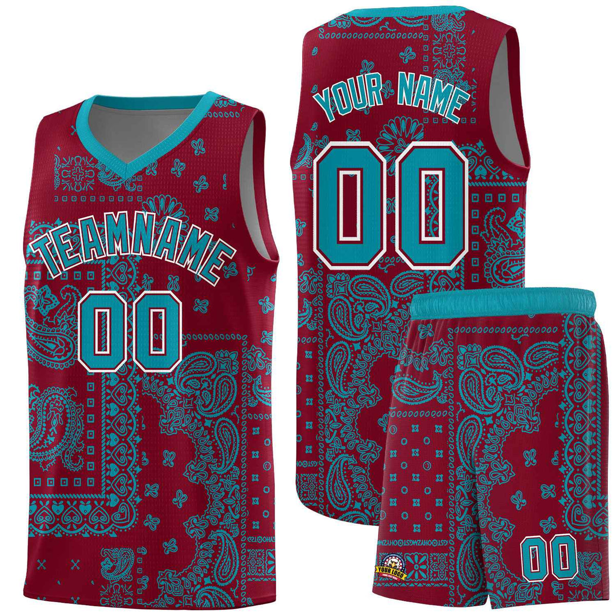 Custom Crimson Basketball Kits With Aqua Cashew Flower Print Pattern