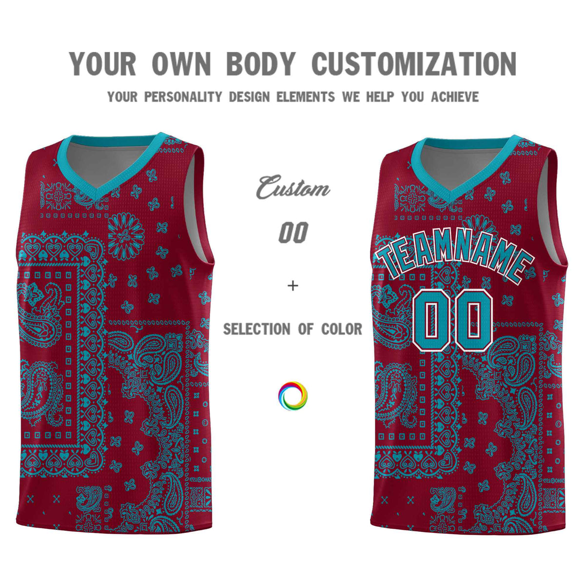 Custom Crimson Basketball Kits With Aqua Cashew Flower Print Pattern