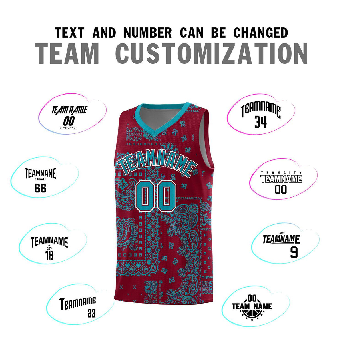 Custom Crimson Basketball Kits With Aqua Cashew Flower Print Pattern