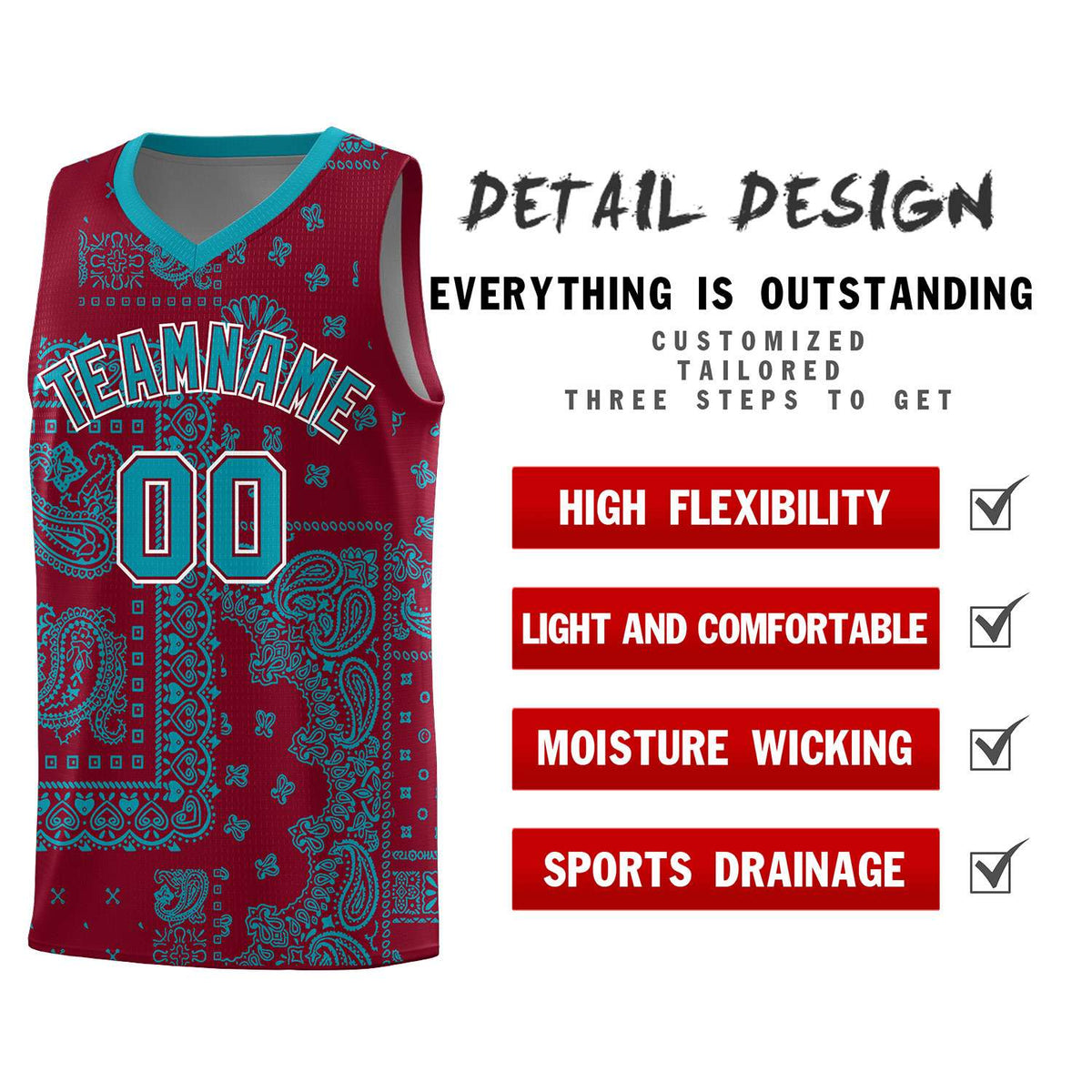 Custom Crimson Basketball Kits With Aqua Cashew Flower Print Pattern