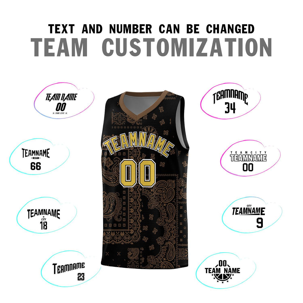 Custom Black Basketball Kits With Light Brown Cashew Flower Print Pattern