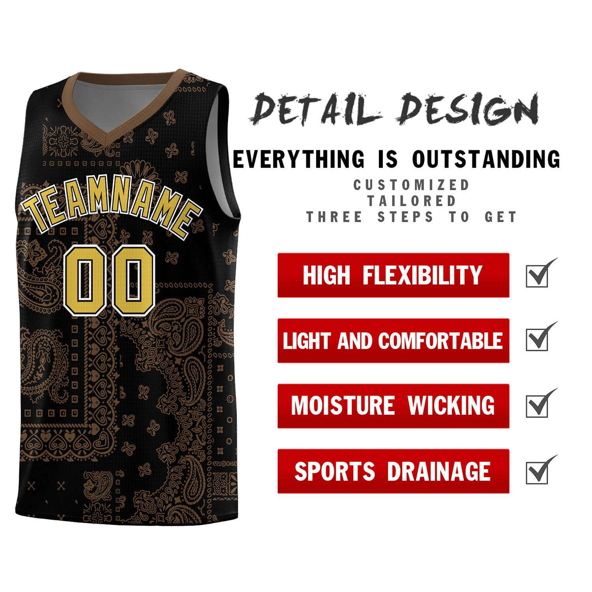 Custom Black Basketball Kits With Light Brown Cashew Flower Print Pattern