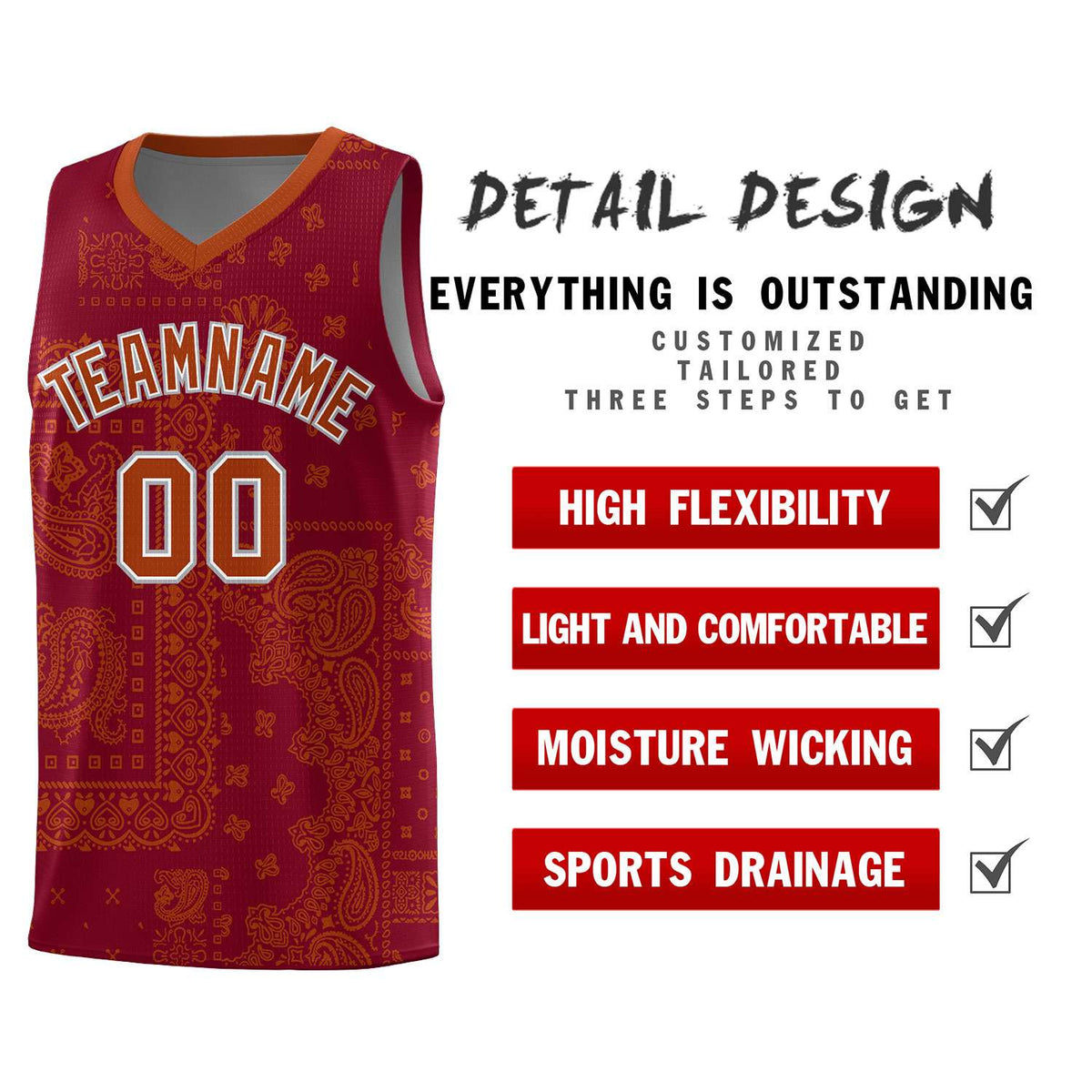 Custom Crimson Basketball Kits With Texas Orange Cashew Flower Print Pattern