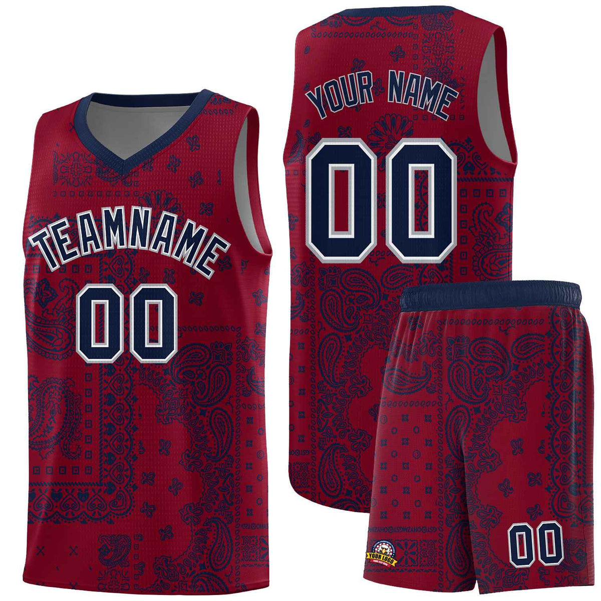 Custom Crimson Basketball Kits With Navy Cashew Flower Print Pattern
