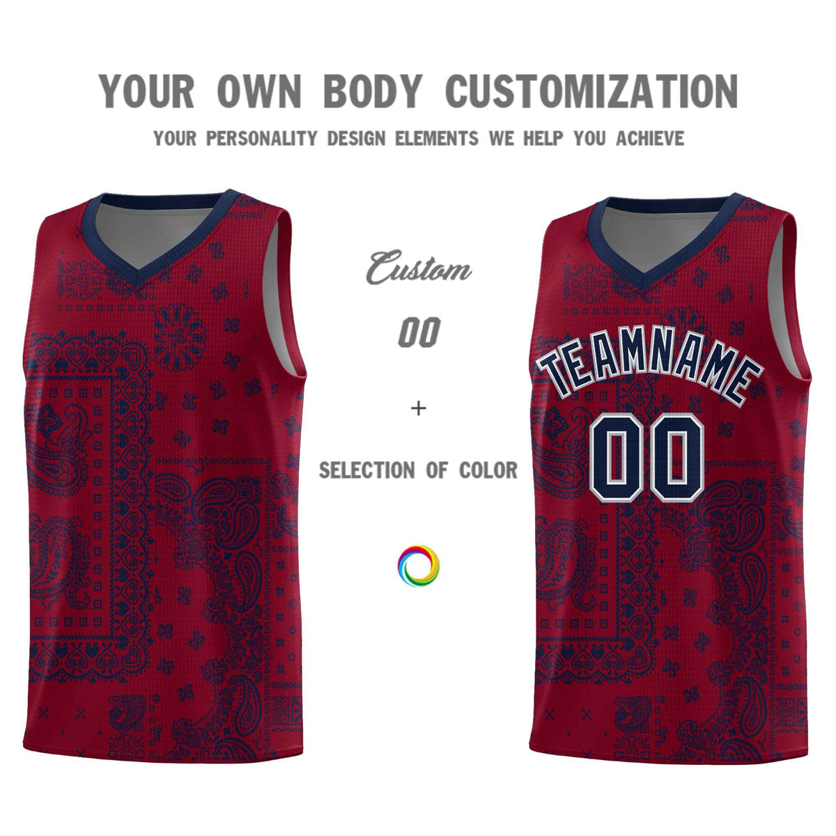 Custom Crimson Basketball Kits With Navy Cashew Flower Print Pattern