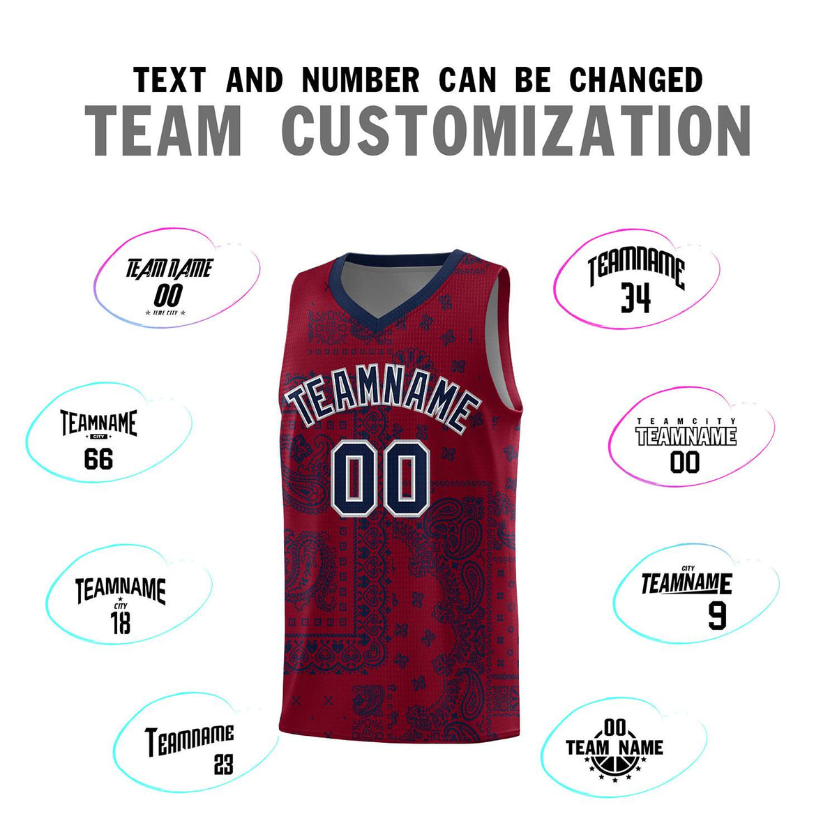Custom Crimson Basketball Kits With Navy Cashew Flower Print Pattern
