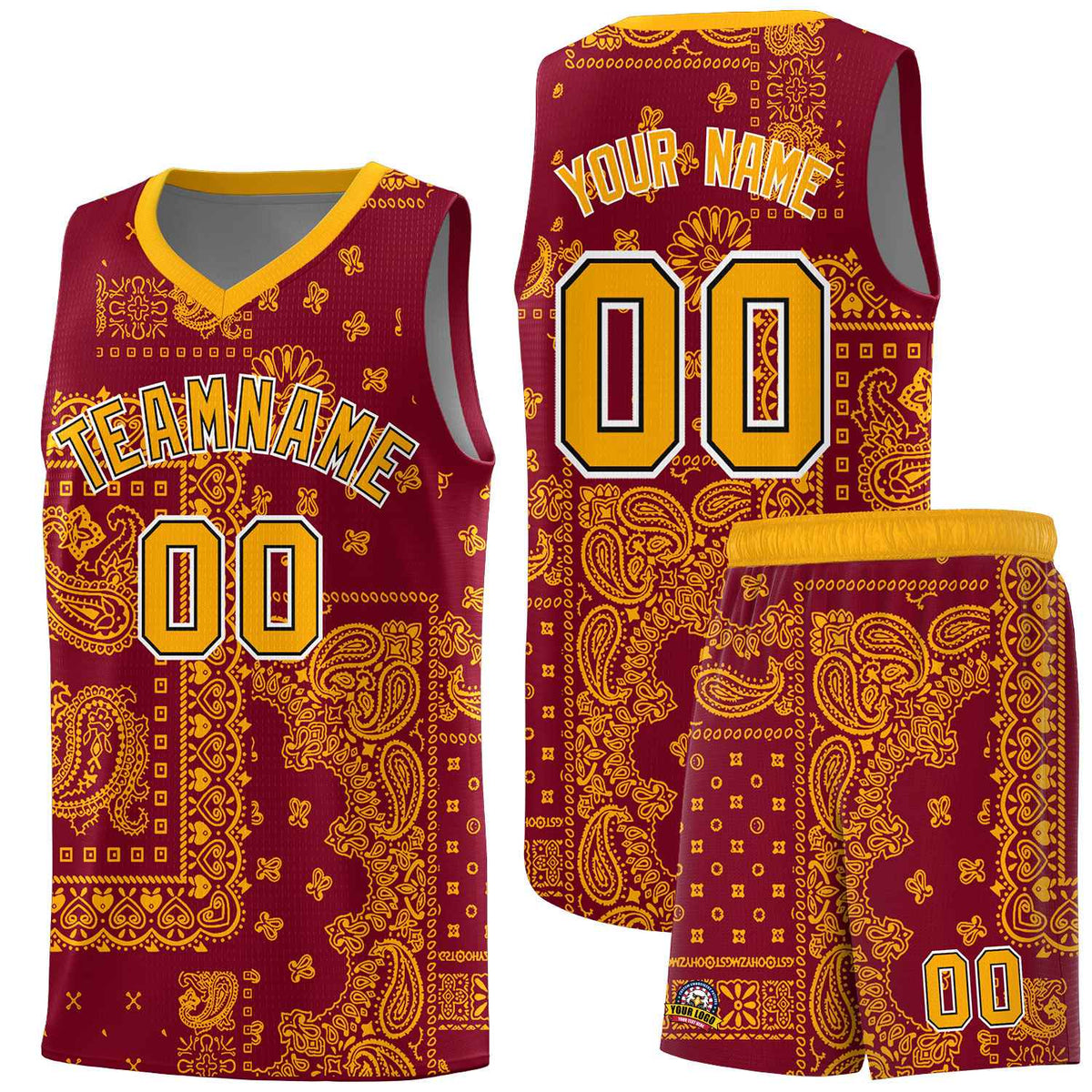 Custom Crimson Basketball Kits With Royal Cashew Flower Print Pattern