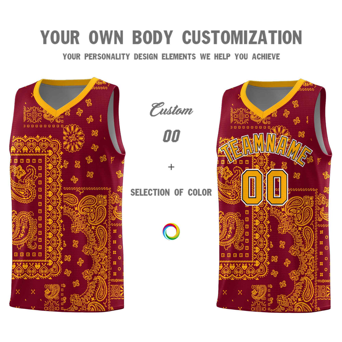 Custom Crimson Basketball Kits With Royal Cashew Flower Print Pattern