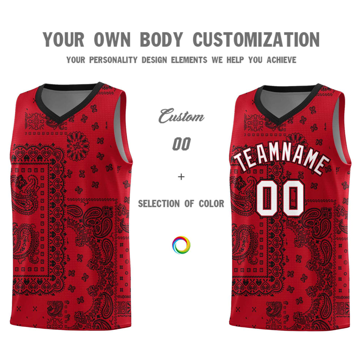 Custom Red Basketball Kits With Black Cashew Flower Print Pattern