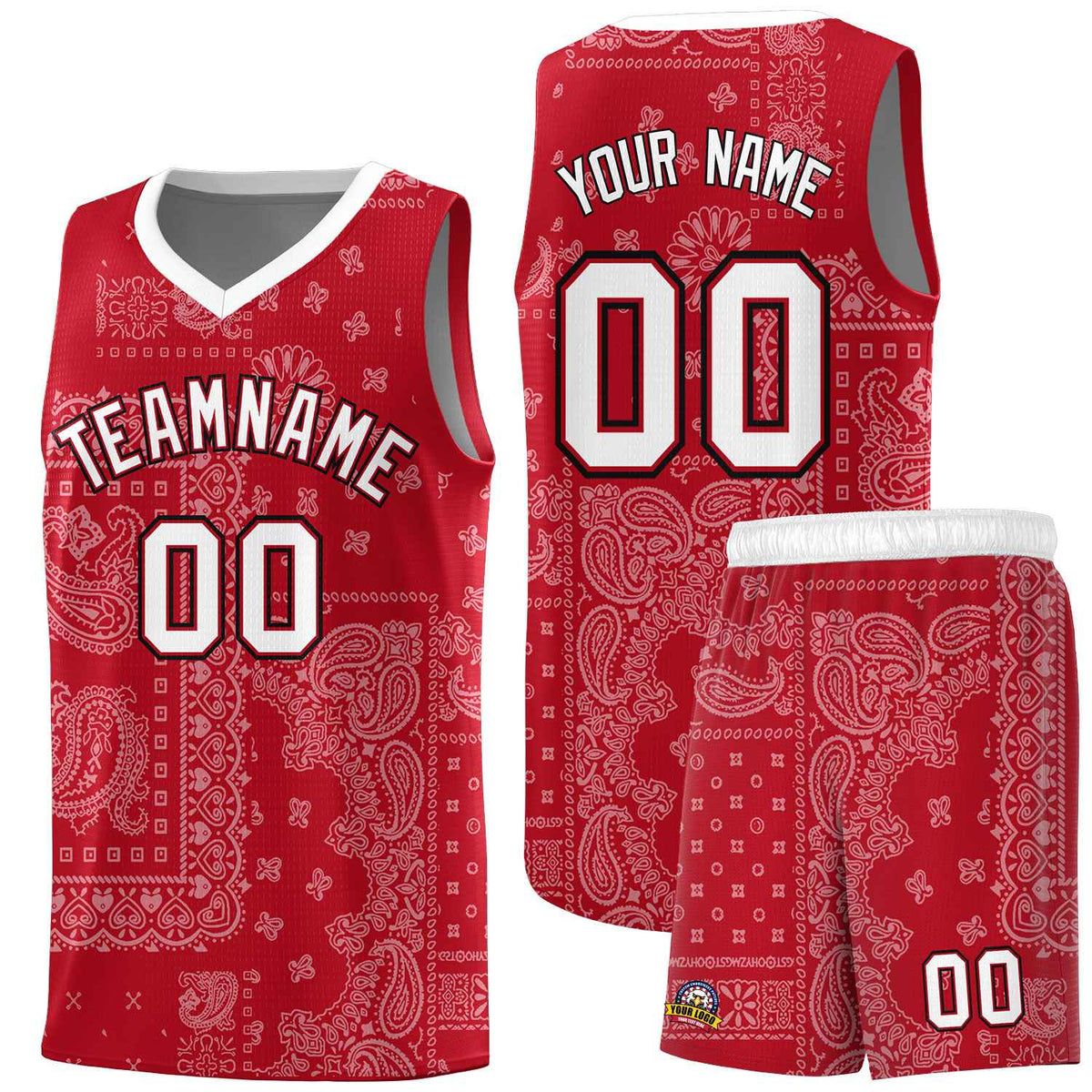 Custom Red Basketball Kits With White Cashew Flower Print Pattern