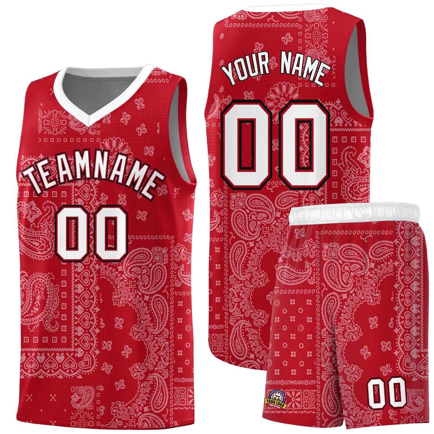 Custom Red Basketball Kits With White Cashew Flower Print Pattern