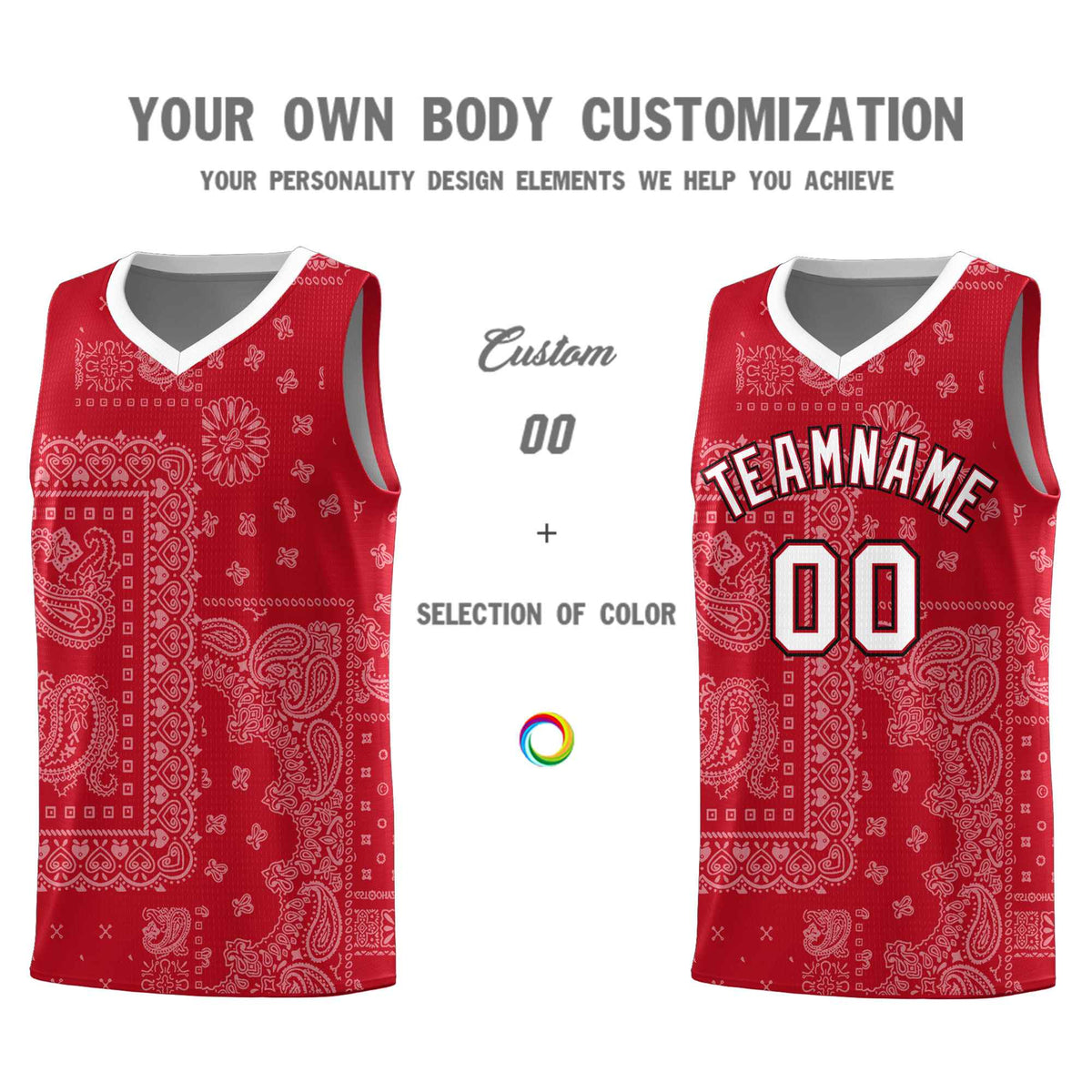 Custom Red Basketball Kits With White Cashew Flower Print Pattern