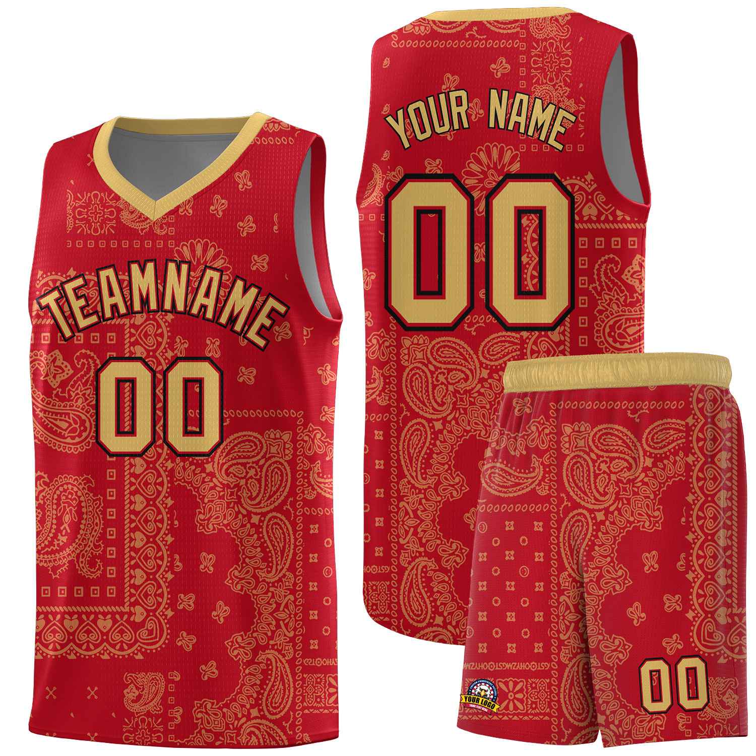 Custom Red Basketball Kits With Old Gold Cashew Flower Print Pattern