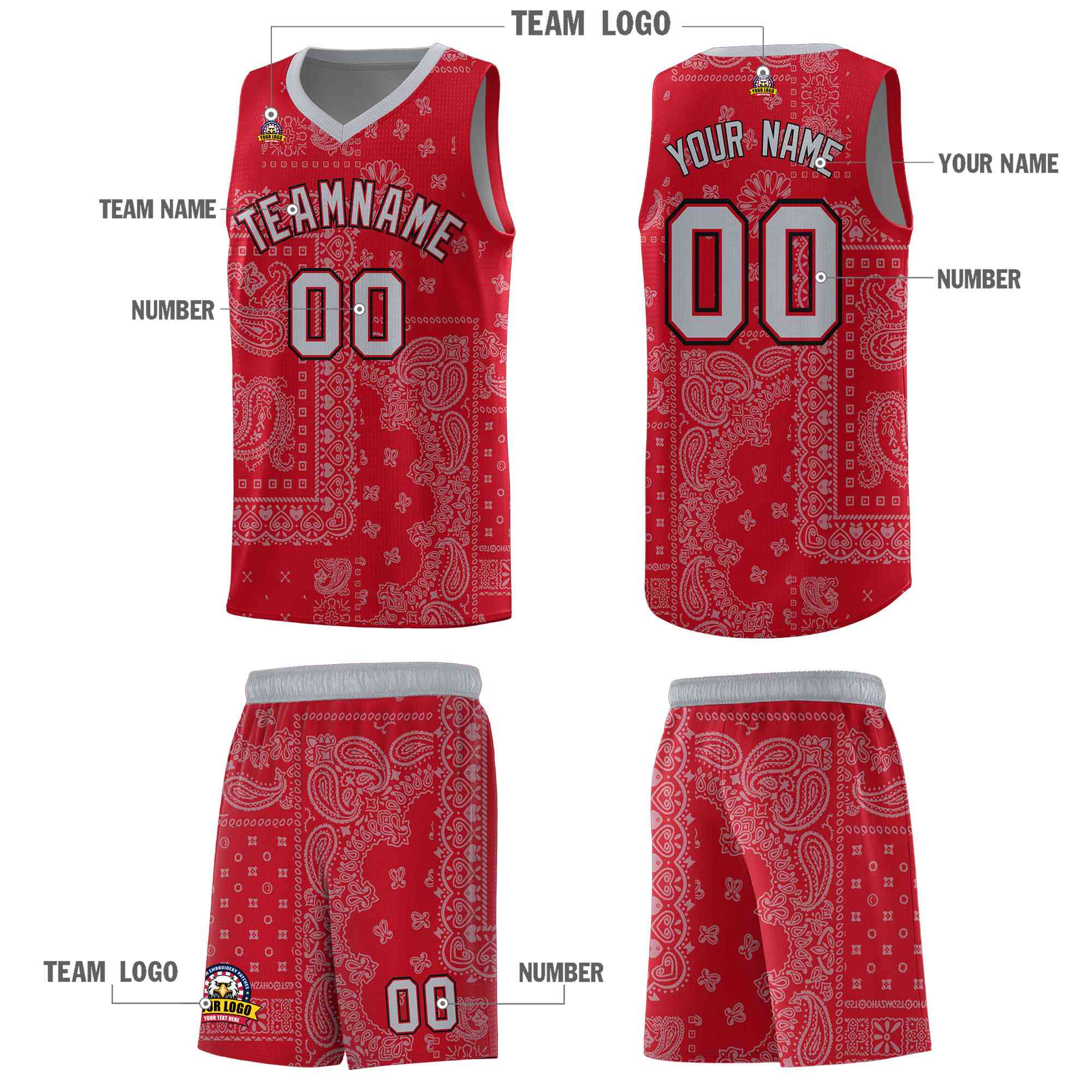 Custom Red Basketball Kits With Silver Gray Cashew Flower Print Pattern