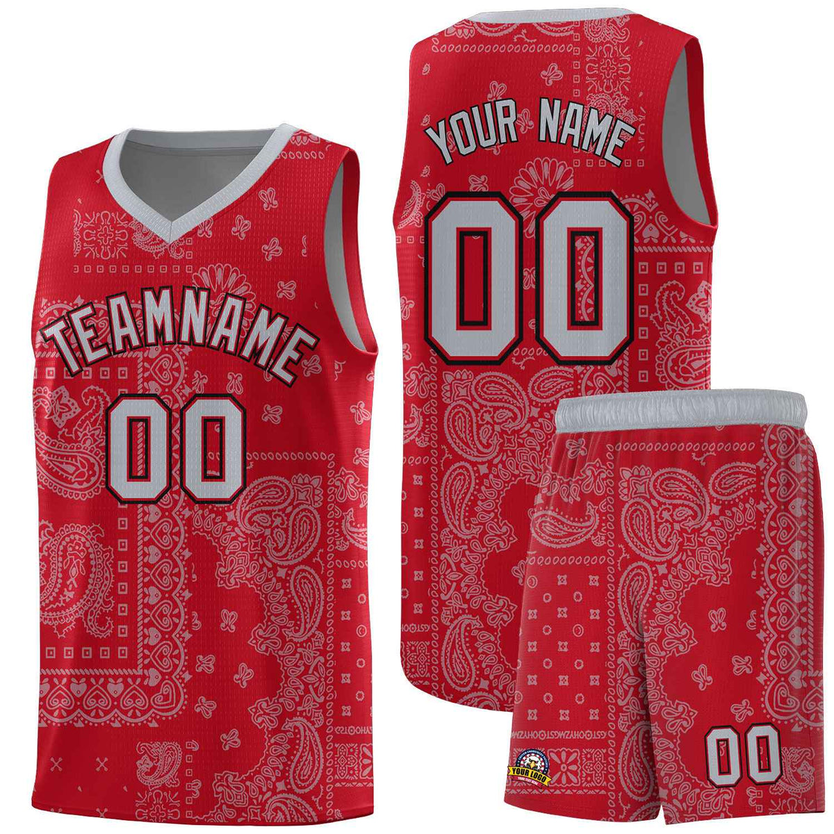 Custom Red Basketball Kits With Silver Gray Cashew Flower Print Pattern