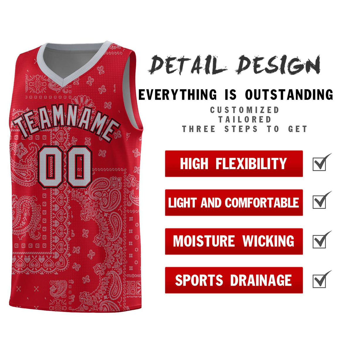 Custom Red Basketball Kits With Silver Gray Cashew Flower Print Pattern