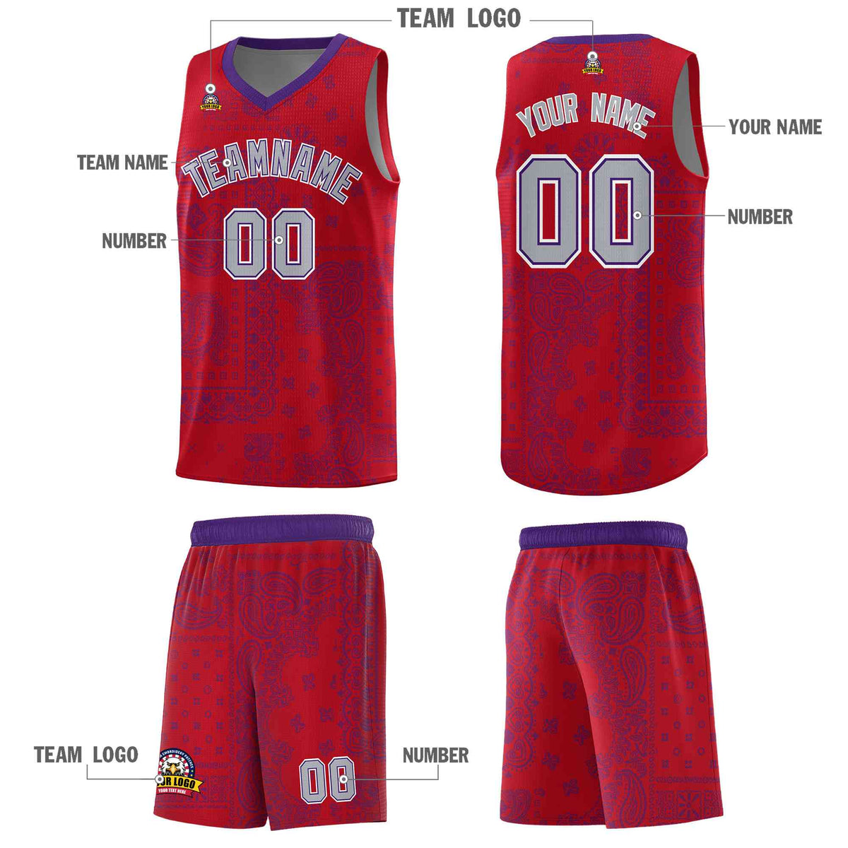 Custom Red Basketball Kits With Purple Cashew Flower Print Pattern