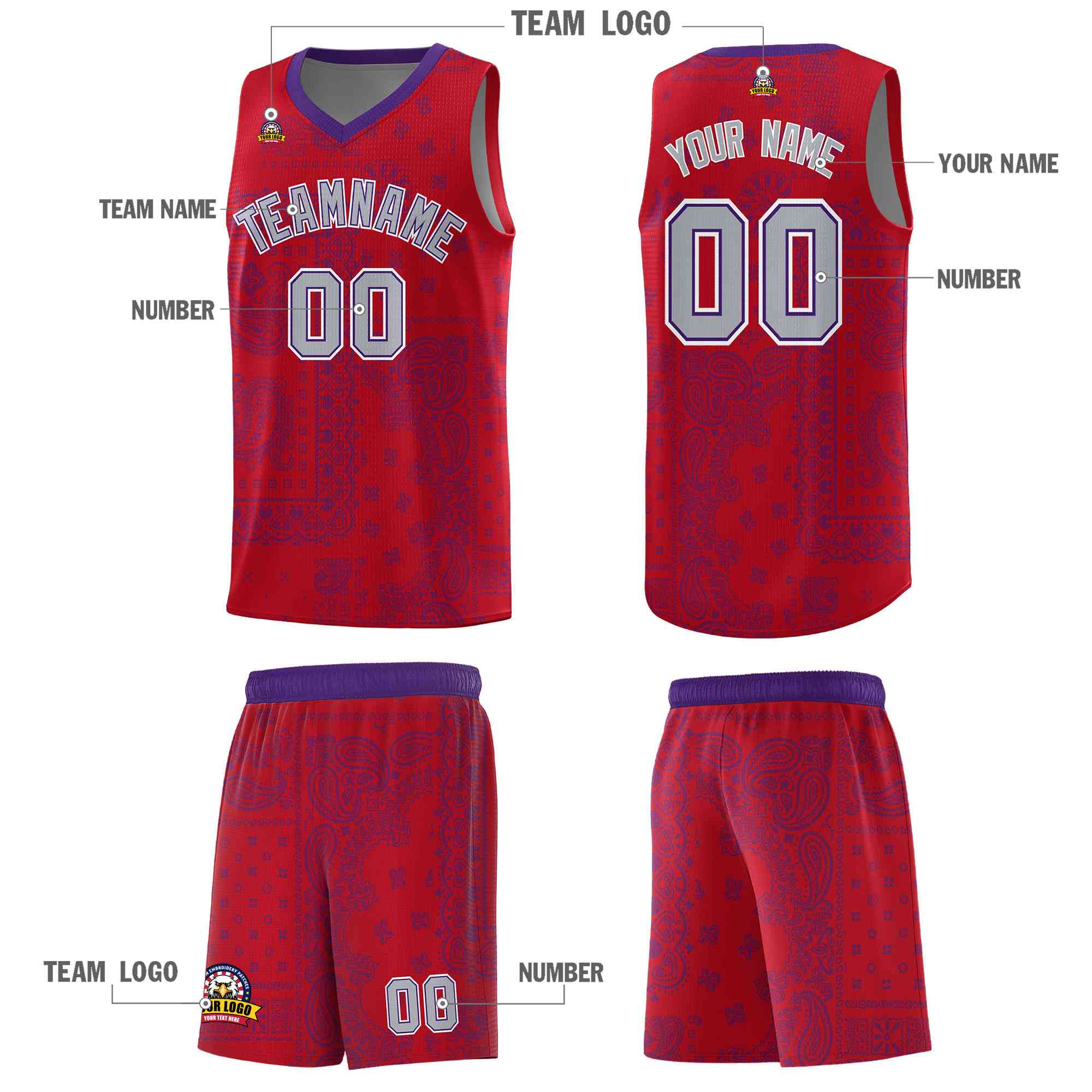 Custom Red Basketball Kits With Purple Cashew Flower Print Pattern