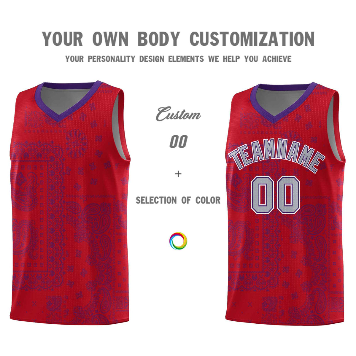 Custom Red Basketball Kits With Purple Cashew Flower Print Pattern