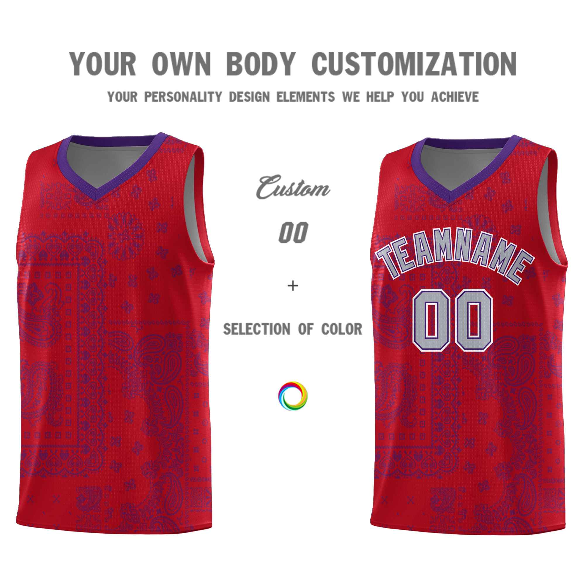 Custom Red Basketball Kits With Purple Cashew Flower Print Pattern