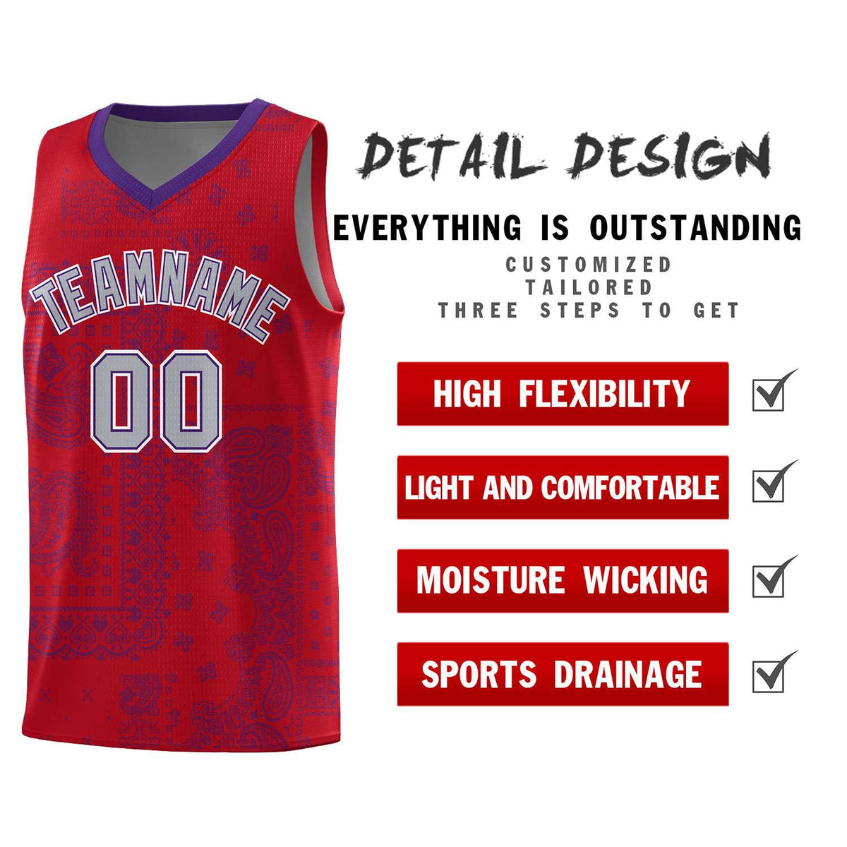 Custom Red Basketball Kits With Purple Cashew Flower Print Pattern