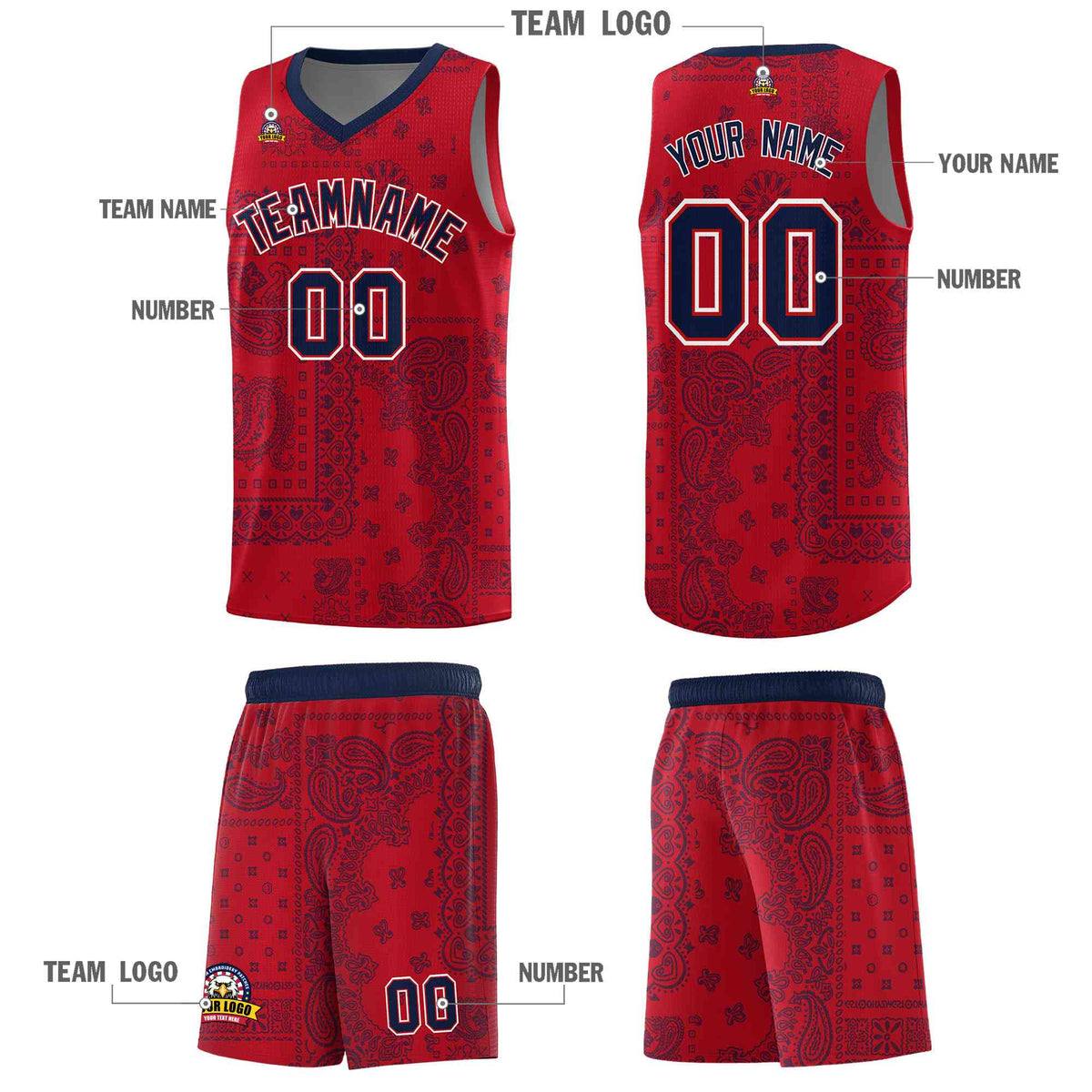 Custom Red Basketball Kits With Navy Cashew Flower Print Pattern