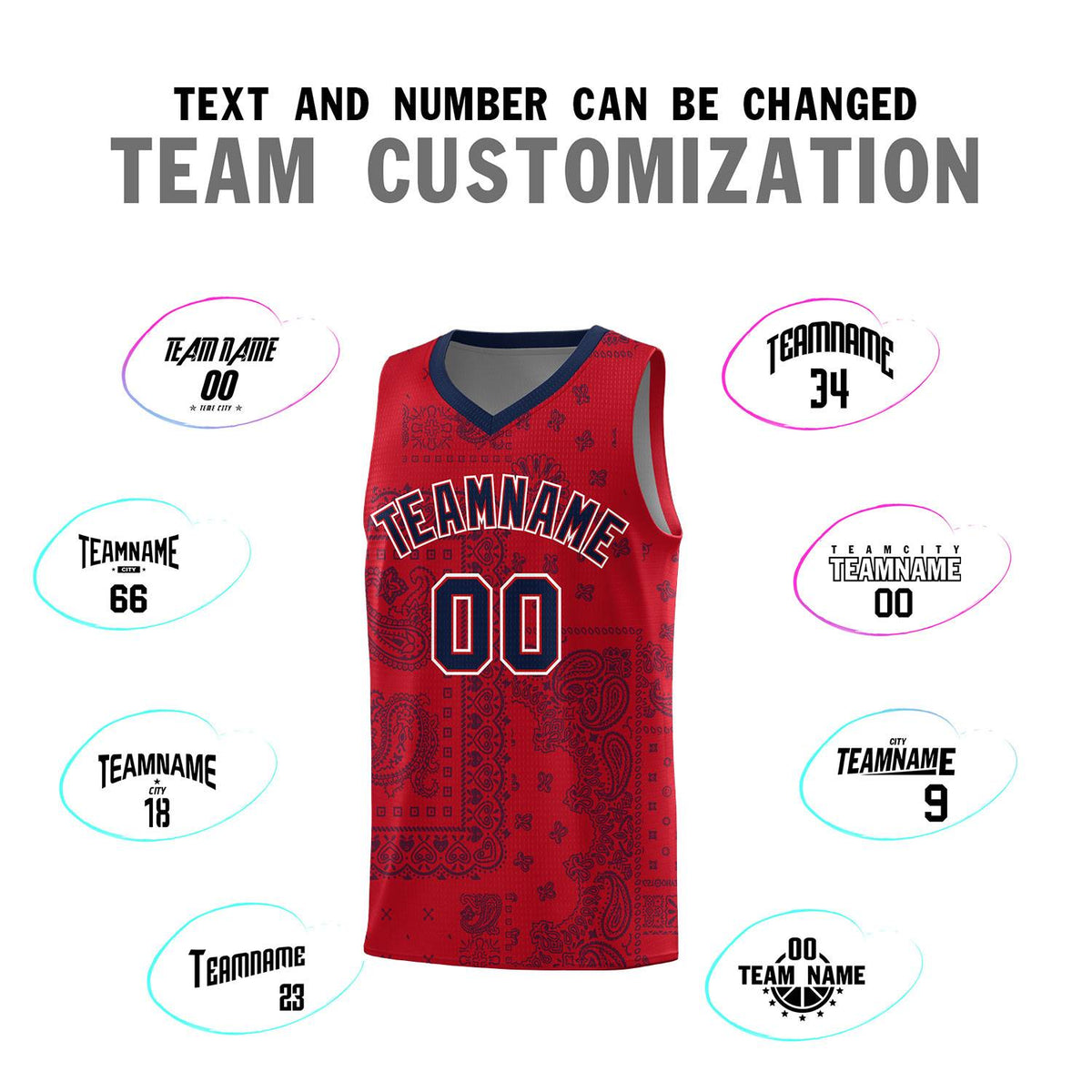 Custom Red Basketball Kits With Navy Cashew Flower Print Pattern