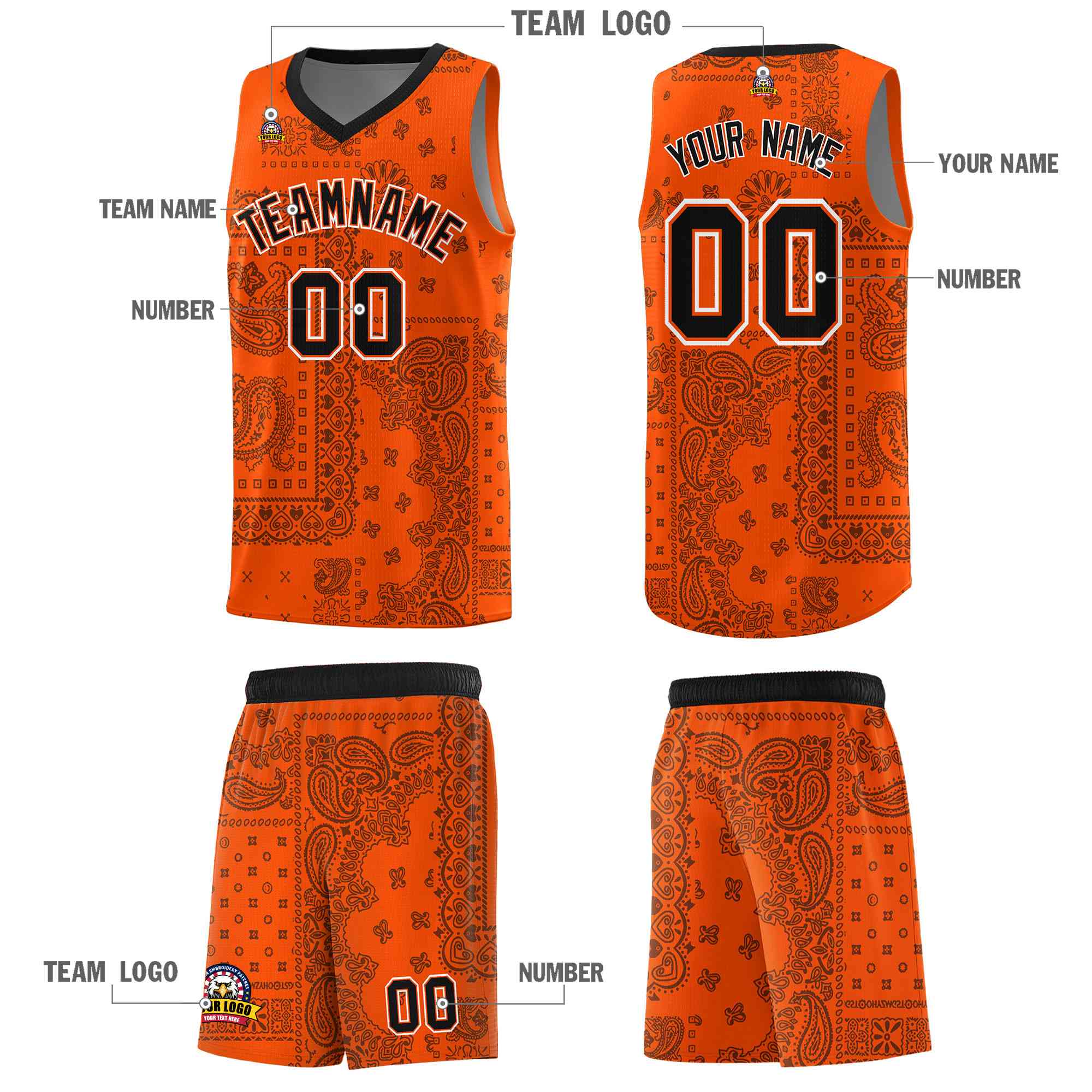 Custom Orange Basketball Kits With Black Cashew Flower Print Pattern