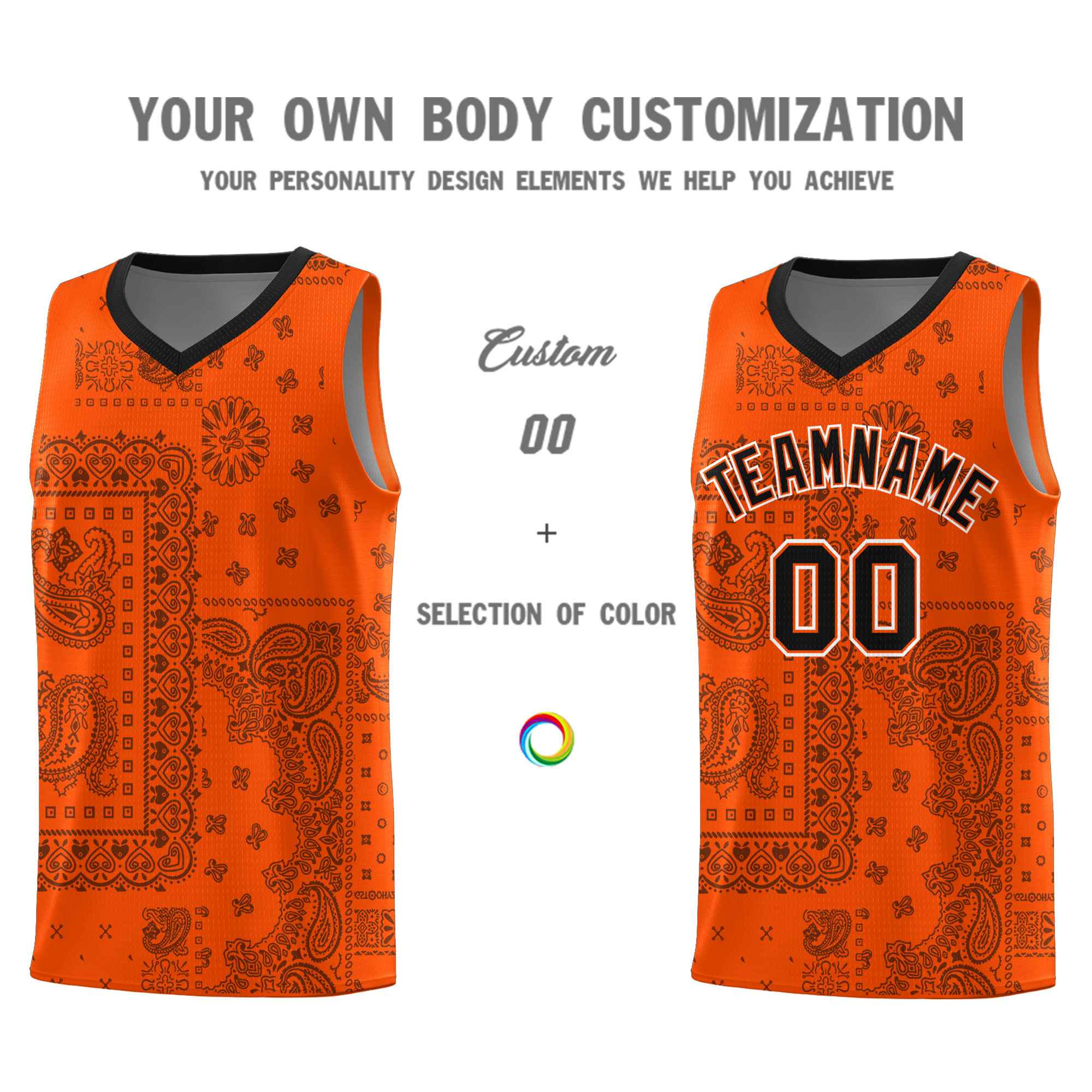 Custom Orange Basketball Kits With Black Cashew Flower Print Pattern