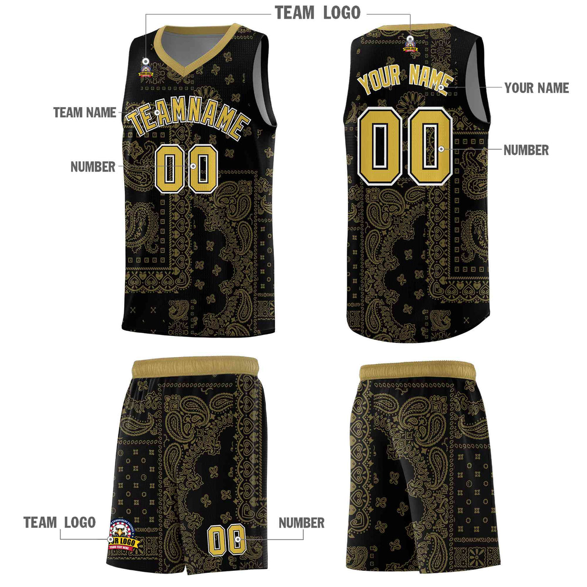 Custom Black Basketball Kits With Old Gold Cashew Flower Print Pattern