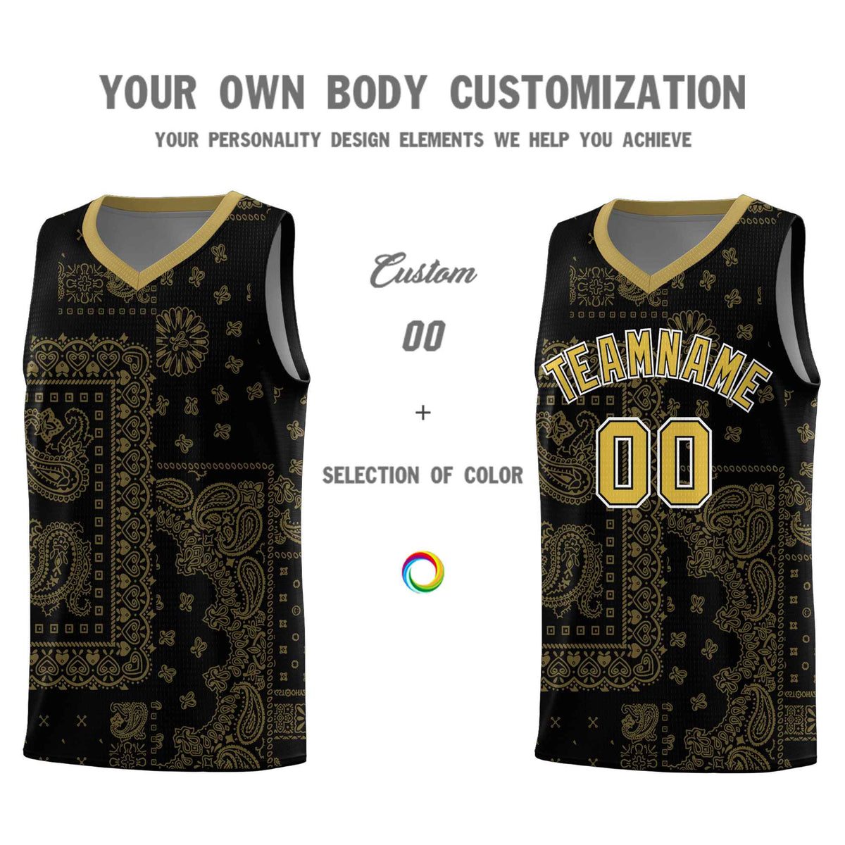 Custom Black Basketball Kits With Old Gold Cashew Flower Print Pattern